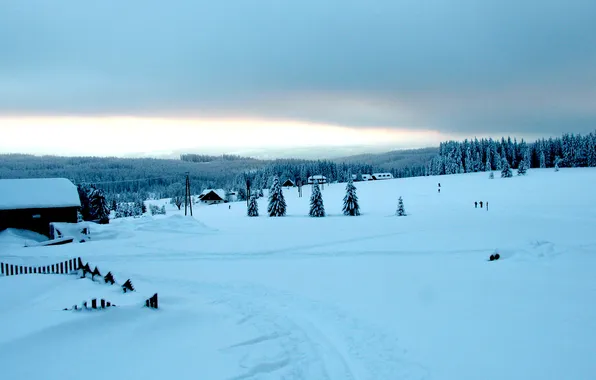 Picture winter, skiers, the village, Sumava, Bohemia, national park Šumava