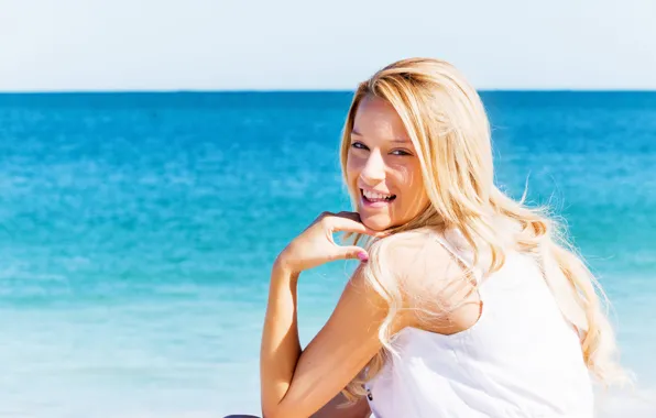 Picture sea, look, the sun, smile, hairstyle, blonde, in white