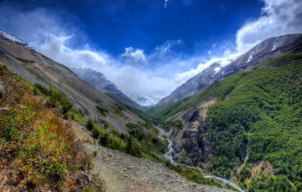 Picture the sky, clouds, trees, mountains, stream, stones, gorge, the bushes