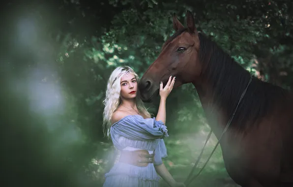 Greens, girl, branches, nature, style, Park, horse, foliage