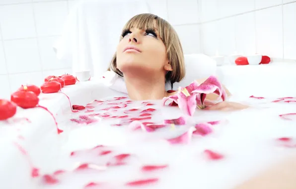 Look, girl, petals, bath, bathroom, taking a bath