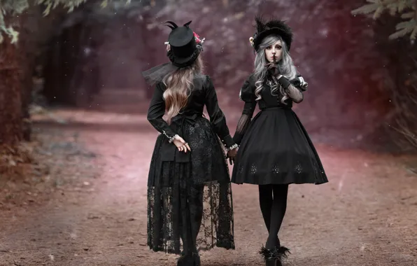 Picture road, style, hats, two girls, gesture, in black, dresses, photographer Svetlana Nicotine