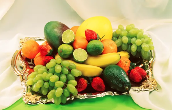 Berries, strawberry, grapes, bananas, lime, fruit, tray, melon