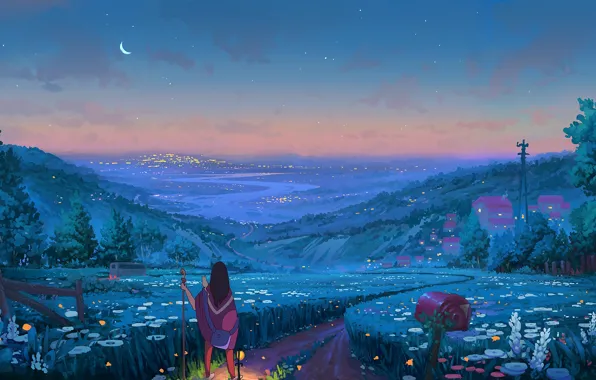 Landscape, Sunset, Girl, River, Mountain, Village, Valley, Landscape