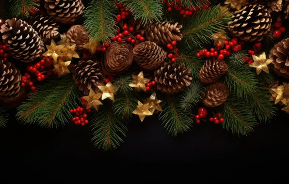 Branches, berries, the dark background, fruit, Christmas, New year, needles, bumps