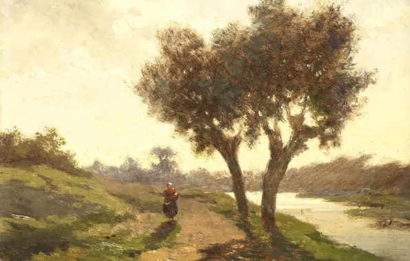 River, picture, traveler, Paul Joseph Constantine Gabriel, Landscape with Two Trees