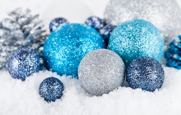Winter, balls, snow, balls, toys, New Year, Christmas, blue
