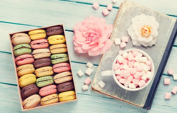 Flowers, gift, colorful, wood, pink, flowers, macarons, gift box