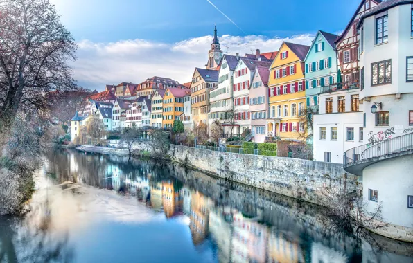 Picture reflection, river, building, home, Germany, promenade, Germany, Baden-Württemberg