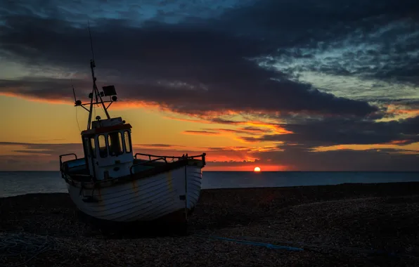 Picture sea, sunset, shore, boat