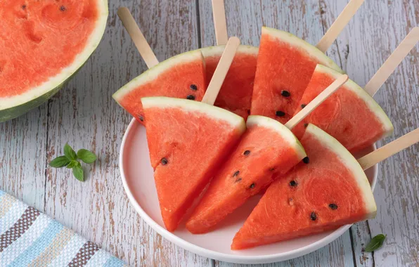 Table, Board, towel, watermelon, plate, pieces, slices, on a stick