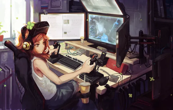 Computer, girl, the game, art, 4chan, monitors, joysticks, doomfest