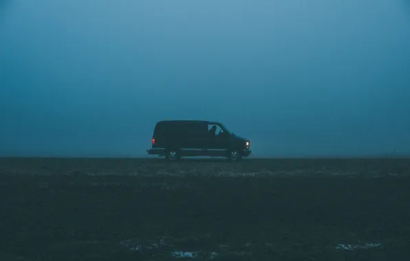 Picture road, field, the sky, fog, driver, van