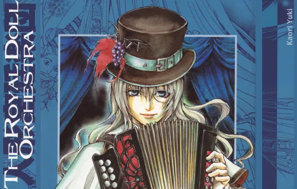 Blue background, accordion, monocle, Lucille, cylinder hat, bunch of grapes, long white hair, by Kaori …