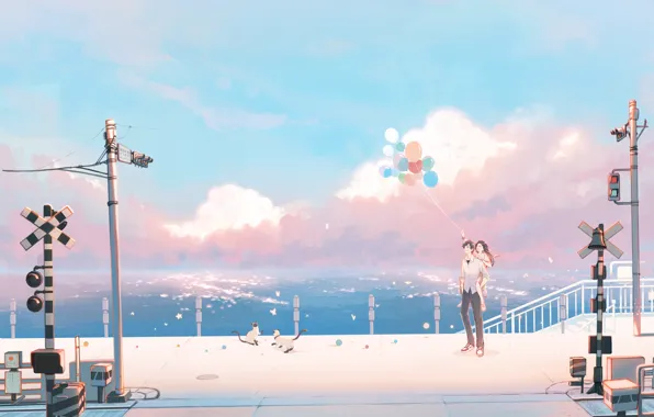 Water, girl, balls, cats, guy, railway crossing, by pinattsu