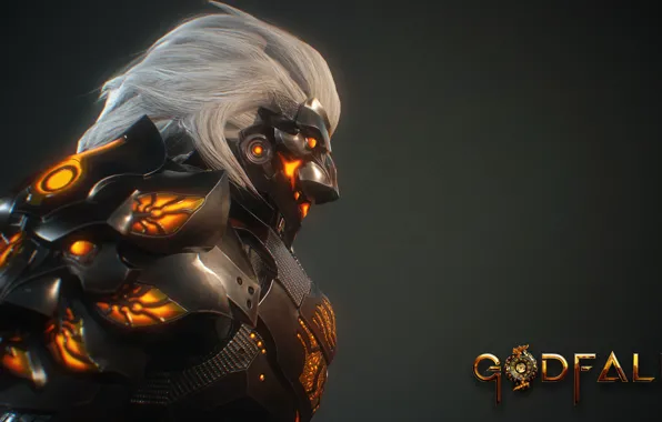 Picture the game, mask, game, character, character, gray hair, Godfall, glowing armor