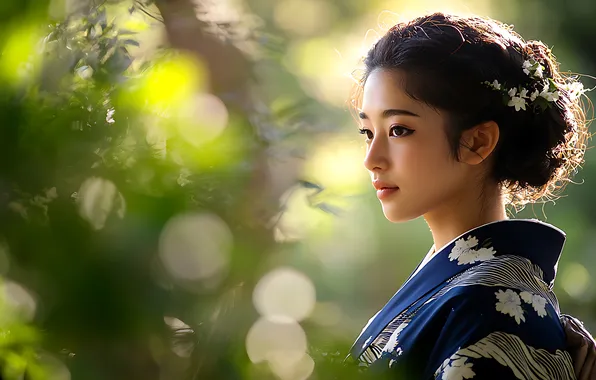 Look, leaves, girl, light, portrait, brunette, hairstyle, kimono