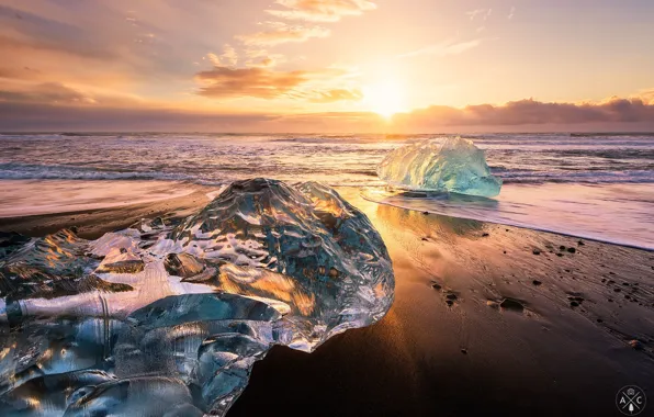 Picture sea, beach, the sun, light, ice, Iceland