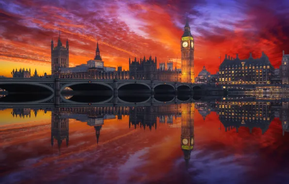 Sunset, bridge, London, Britain, Big Ben