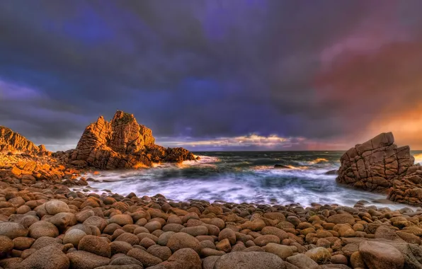 Picture the sky, sunset, clouds, stones, rocks, shore, The ocean, the evening