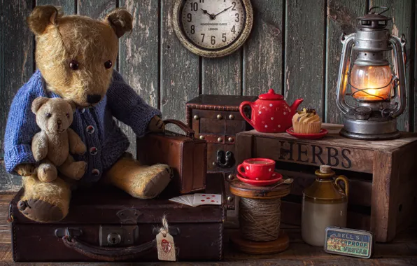 Picture card, style, toys, watch, lamp, kettle, bear, mug