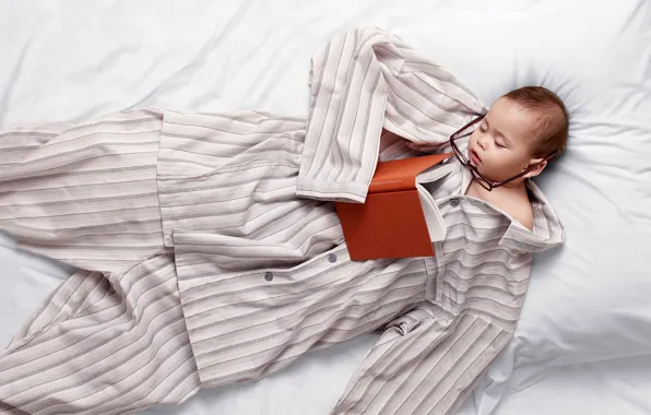 Child, sleep, glasses, bed, book, pajamas