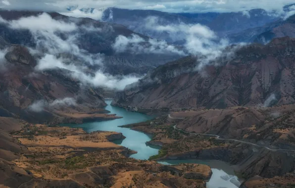 Clouds, mountains, fog, river, the slopes, view, height, haze