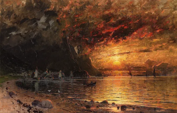 Water, the sun, sunset, shore, boat, the fjord, Adelsteen Normann, fjord landscape with midnight sun