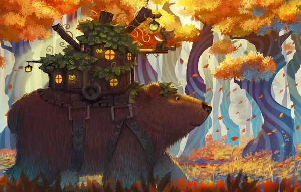 Picture forest, leaves, fantasy, bear, art, house, darayya