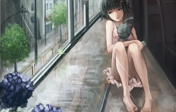 Girl, flowers, rain, toy, anime, window, art, baka