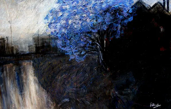 Landscape, tree, picture, blue, oil