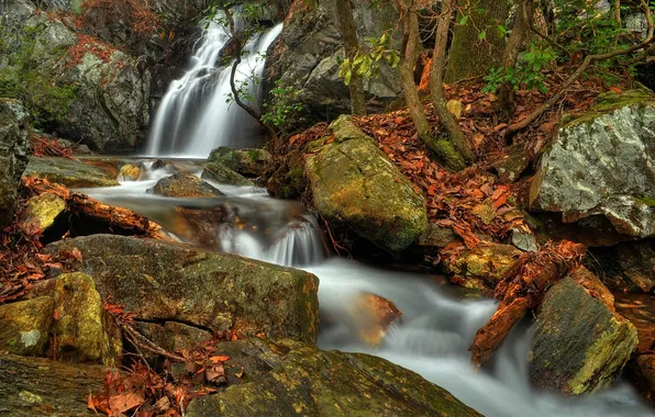 Autumn, stones, waterfall, river