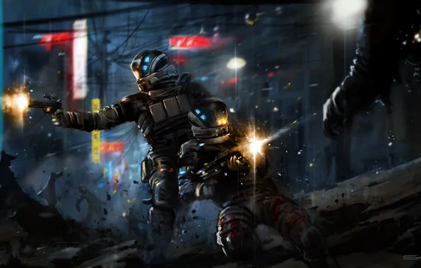 Picture the city, weapons, soldiers, armor, battle, shots, Retribution, Blacklight