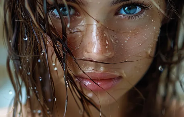 Look, water, girl, drops, close-up, face, pose, eyelashes