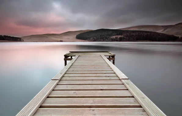 The sky, clouds, lake, the evening, Scotland, UK, wooden, the bridge
