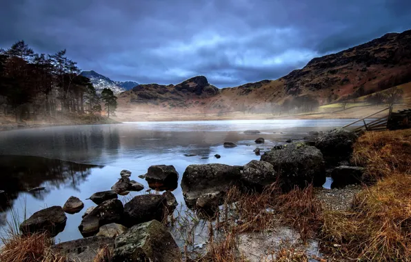 Forest, lake, stones, hills, clouds. autumn