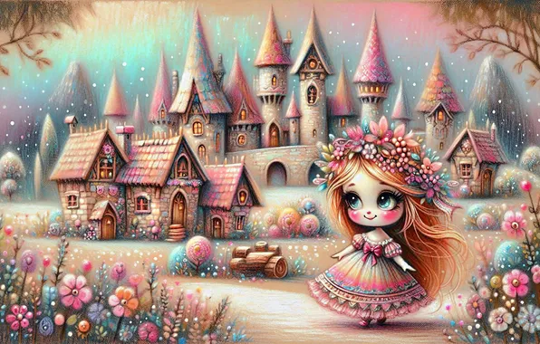 Flowers, castle, girl, houses, Princess, wreath, doll, AI art