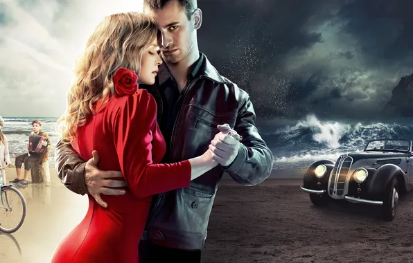 Dance, blonde, pair, Russia, red dress, poster, drama, military