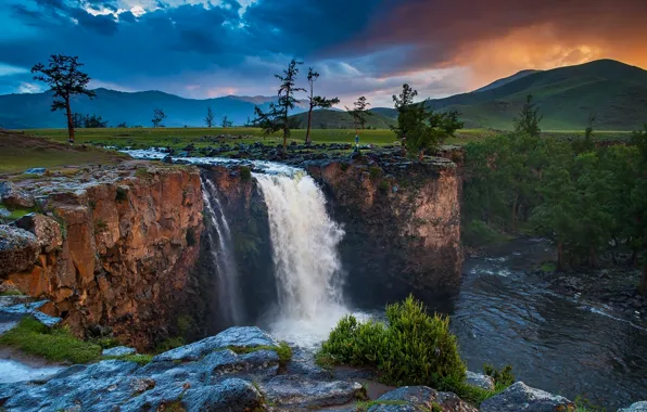 The sky, clouds, trees, sunset, mountains, clouds, nature, river