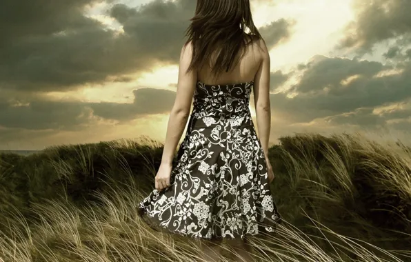 Picture the sky, girl, clouds, nature, mood, dress, brunette