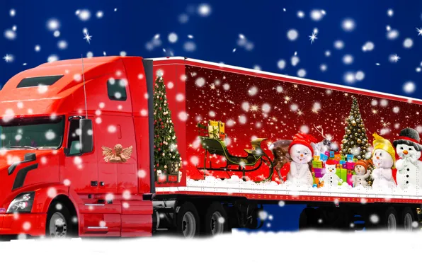 Picture Red, Snow, Christmas, Truck, New year, The truck, Christmas gifts for children, Christmas tree