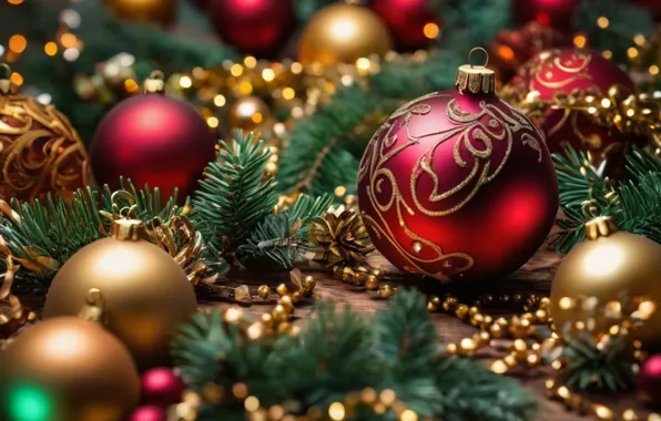 Decoration, balls, New Year, Christmas, golden, new year, Christmas, balls