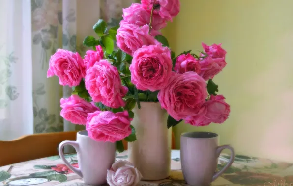 Cup, Vase, Pink roses, Pink roses