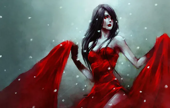 Picture girl, blood, passion, petals, red dress, art, nanfe