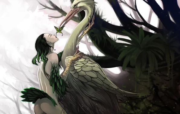 Forest, girl, bird, butterfly, feathers, fantasy, art, claws