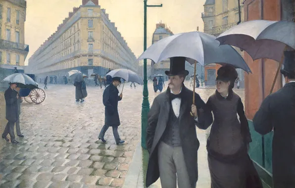 Picture people, street, building, picture, umbrellas, Gustave Caillebotte, Paris street in rainy weather
