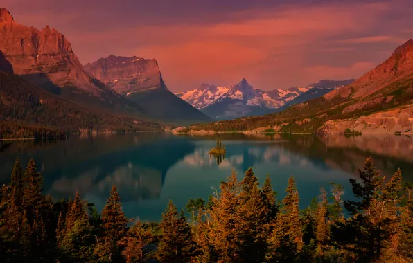 Picture the sky, trees, mountains, lake, island, the evening