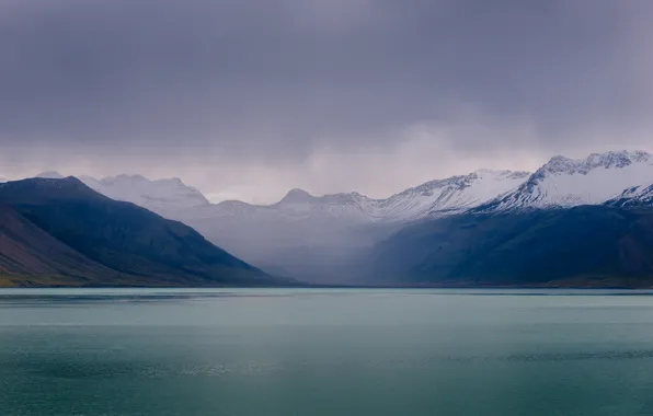 Sea, mountains, clouds, overcast, coast, Iceland