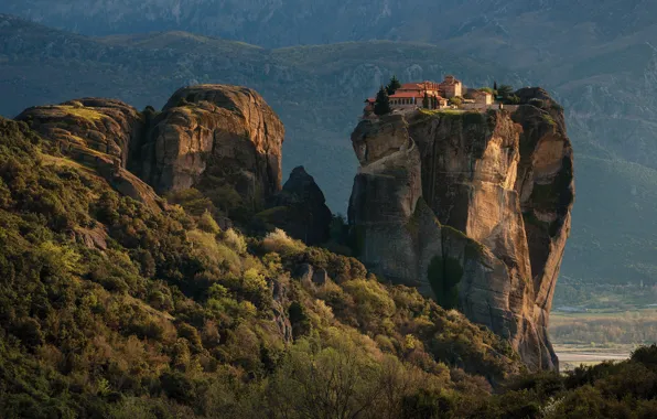 Mountains, nature, rocks, vegetation, Greece, the monastery, shrubs, Meteors