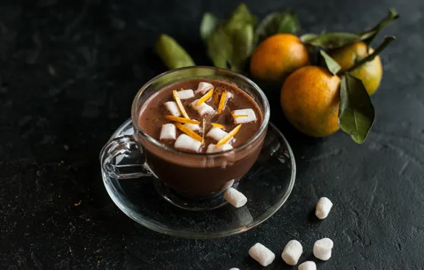 Drink, tangerines, hot chocolate, peel, marshmallows